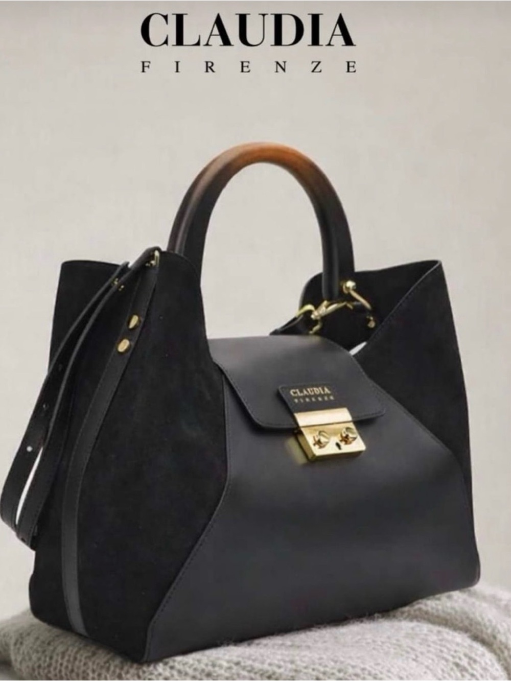 Claudia Firenze Black Leather & Suede Top-Handle Satchel